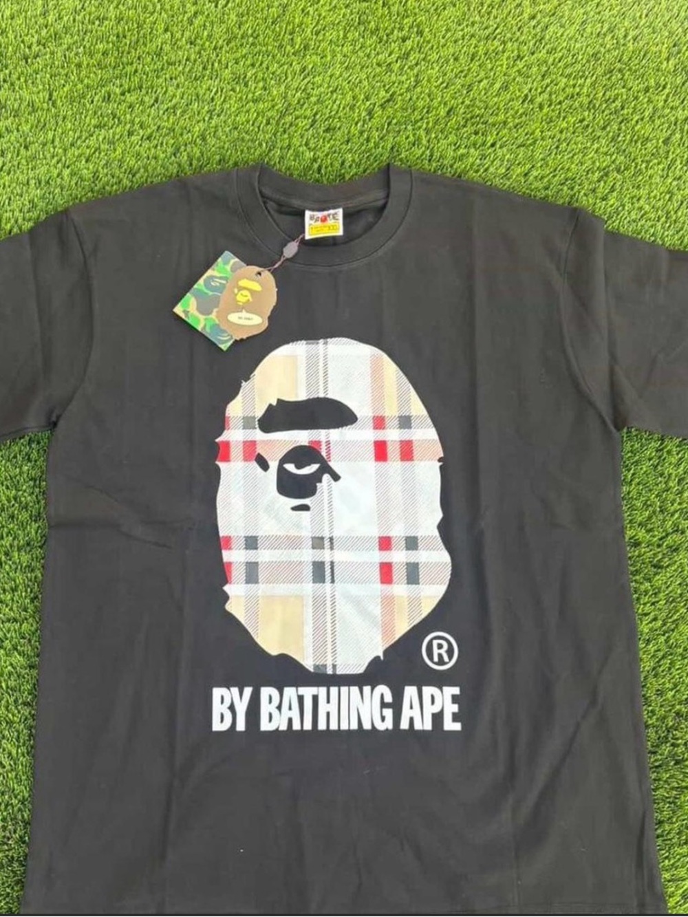 BAPE Black Short-Sleeve Logo Tee with Plaid Ape Graphic